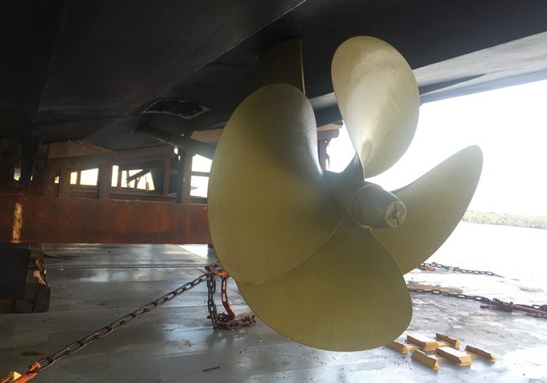 Propeller under a yacht that is on land